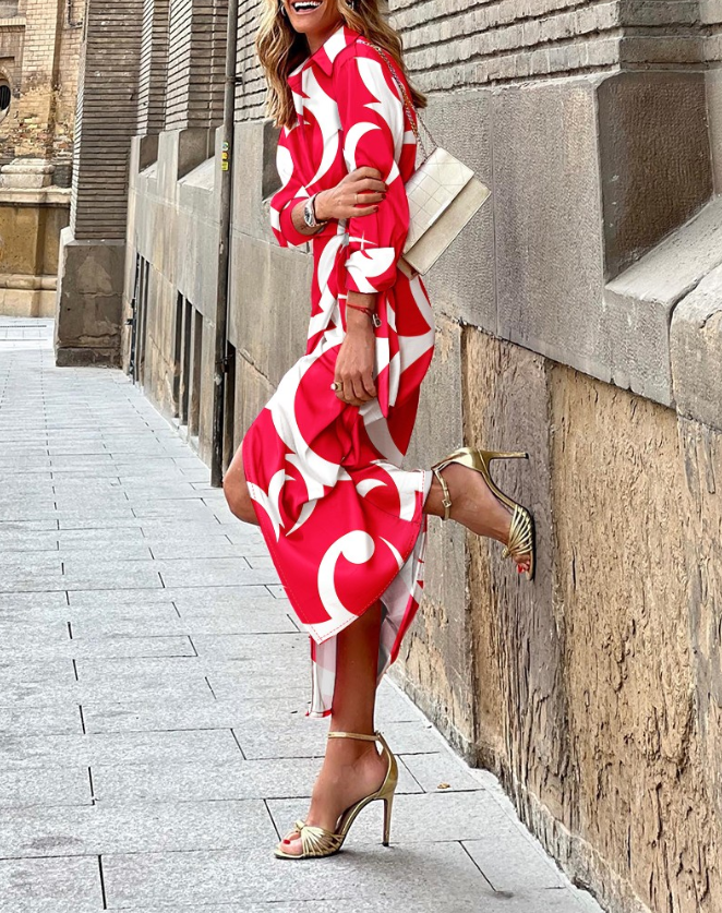 Printed Collared Neck Shirt Dress