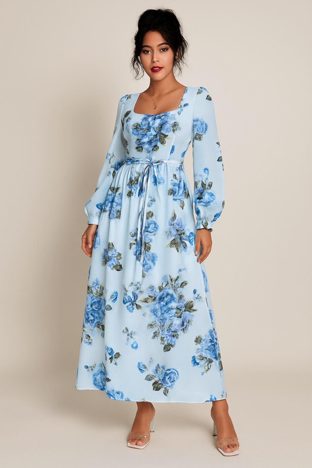 Elegant and simple printed ruffled long-sleeved dress