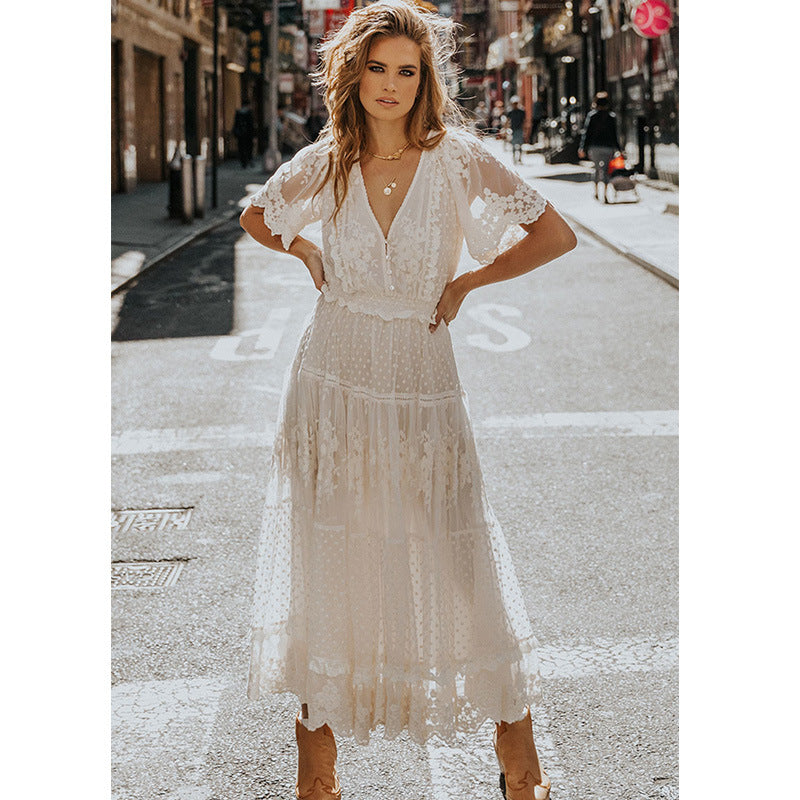 White Dotty Lace Mesh FLowy Maxi Dress