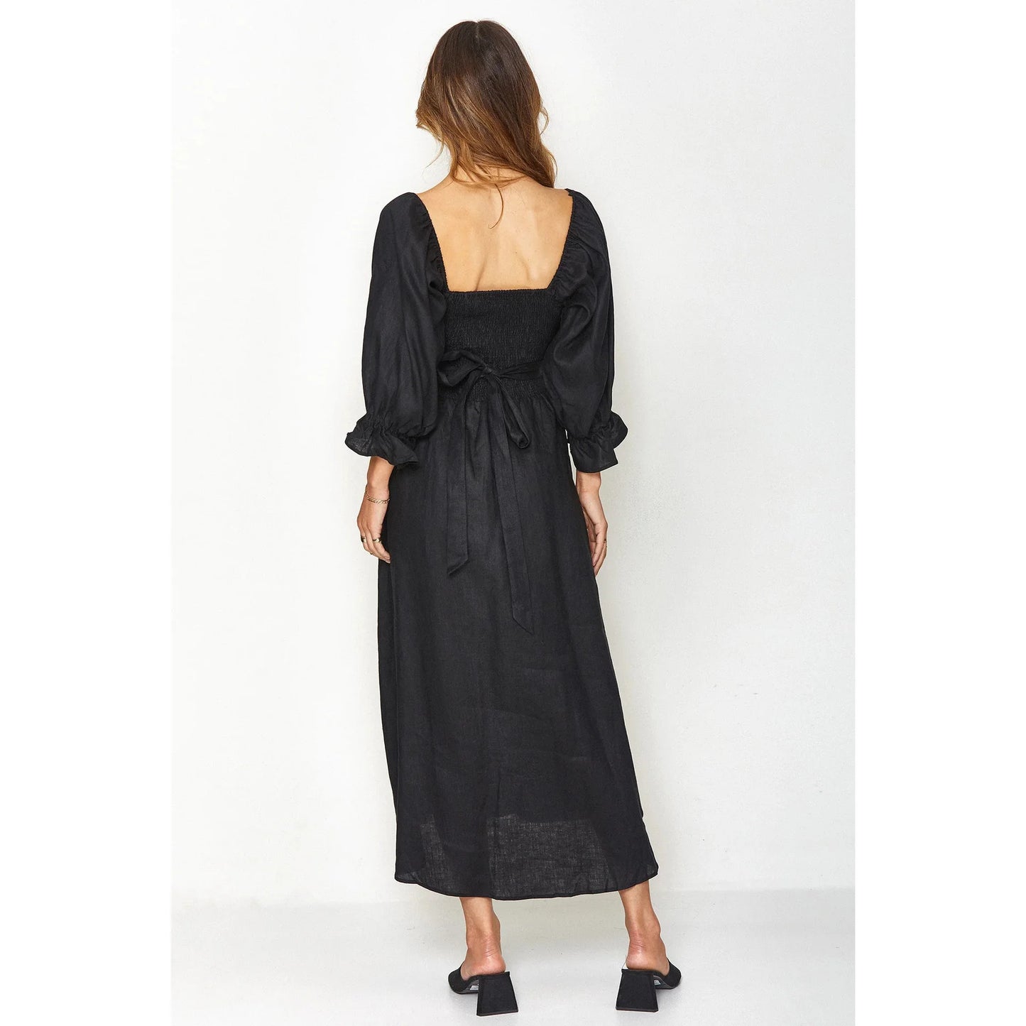 Smocked Tied Flounce Sleeve Midi Dress