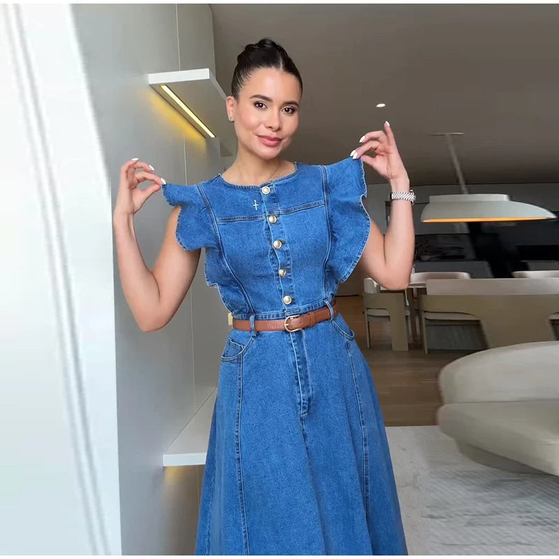 Button-Front Ruffle Sleeve Denim Midi Dress