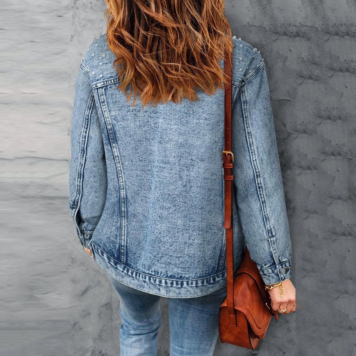 Full Size Pearl Detail Button Up Long Sleeve Denim Jacket Plus Size