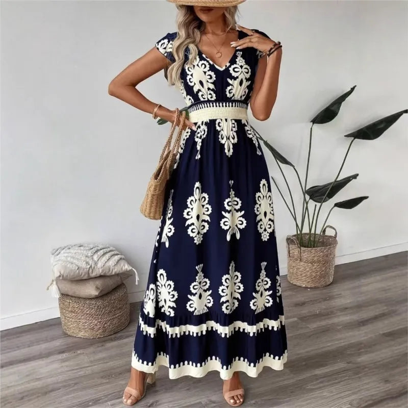 Printed V-Neck Ruffled Cap Sleeve Dress