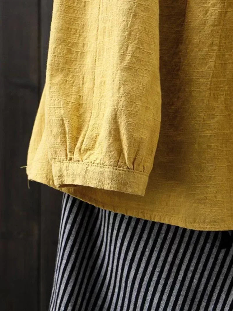 Cotton Linen Pleated Round Neck Long Sleeve Shirt