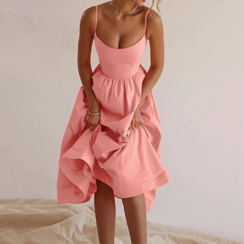 Janet’s U-Neck Pleated Strap Midi Dress
