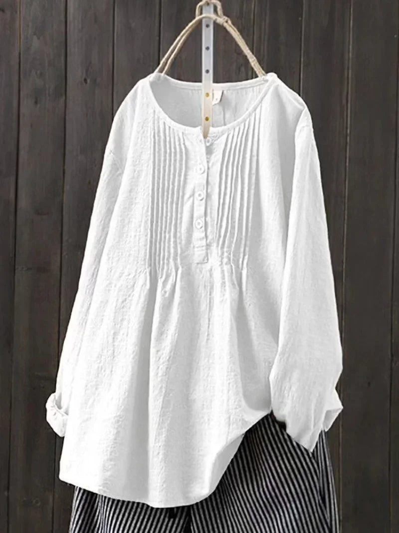 Cotton Linen Pleated Round Neck Long Sleeve Shirt