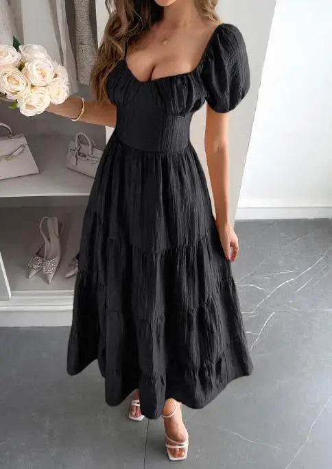 Backless Tiered Puff Sleeve Midi Dress