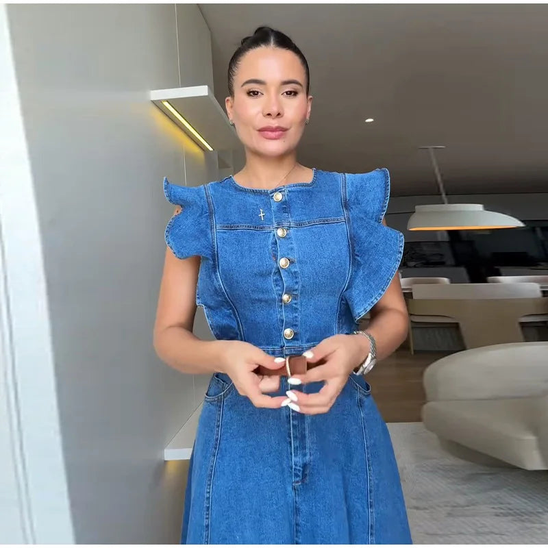 Button-Front Ruffle Sleeve Denim Midi Dress