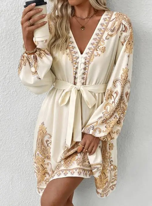 Elegant ethnic retro style V-neck paisley print dress
