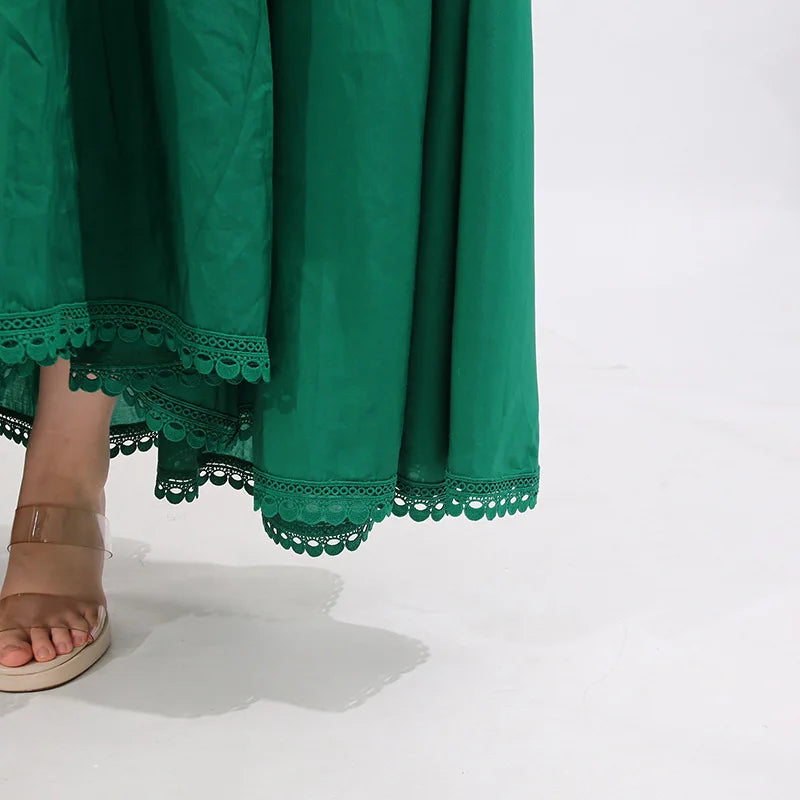 French ElegantLace Detail Notched Puff Sleeve Maxi Dress