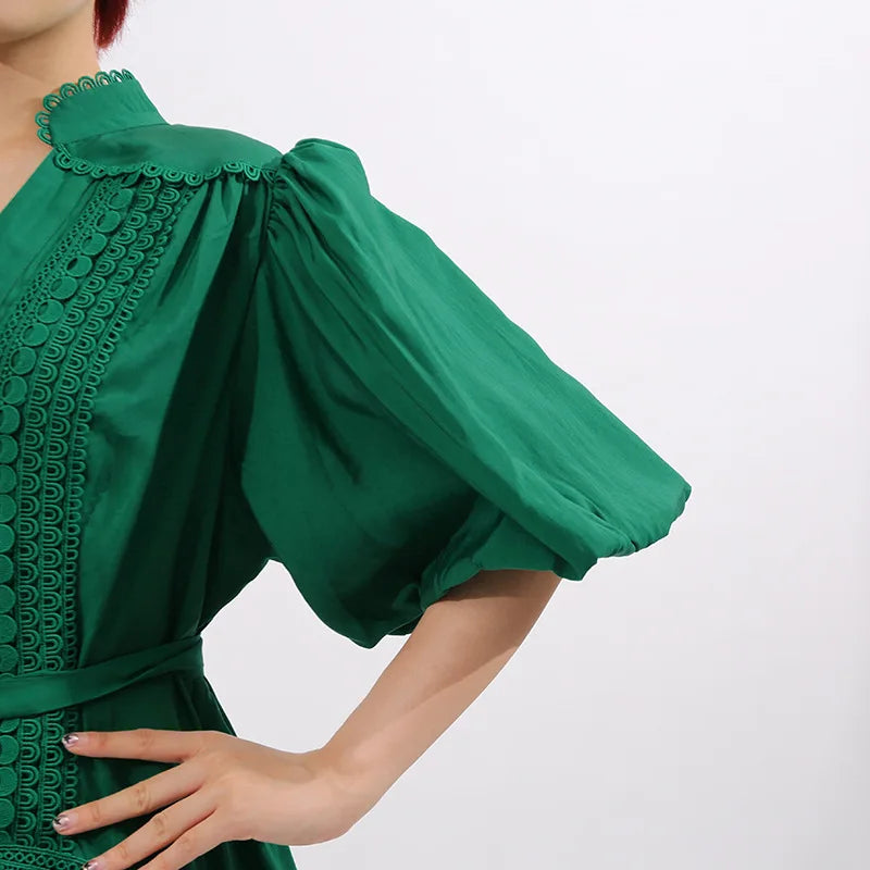 French ElegantLace Detail Notched Puff Sleeve Maxi Dress
