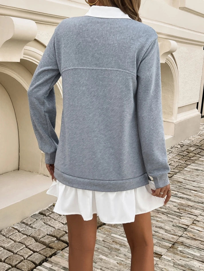 Loose Pocket Patchwork Polo Neck Sweatshirt Dresses