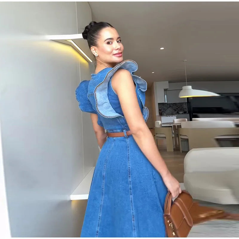 Button-Front Ruffle Sleeve Denim Midi Dress