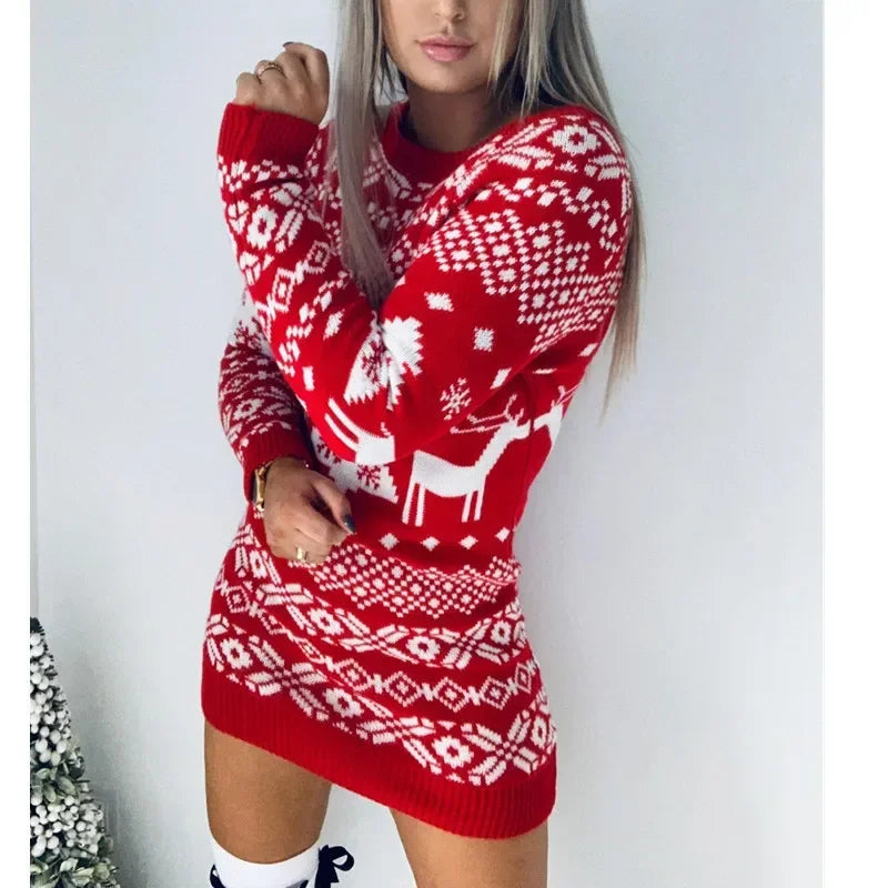 Christmas Element Round Neck Mini Sweater Dress