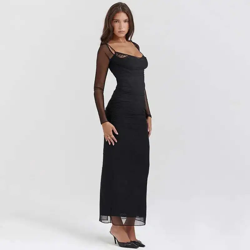Lace Detail Long Sleeve Bodycon Maxi Dress