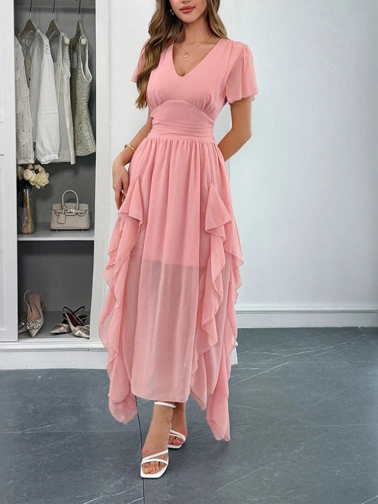 Elegant short-sleeved deep V long dress