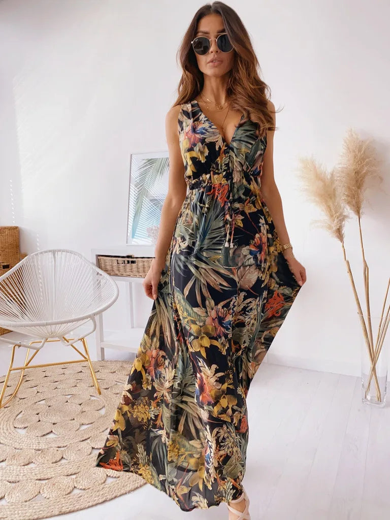 Leaf Print Sleeveless Maxi Dress