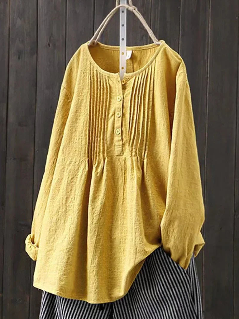 Cotton Linen Pleated Round Neck Long Sleeve Shirt
