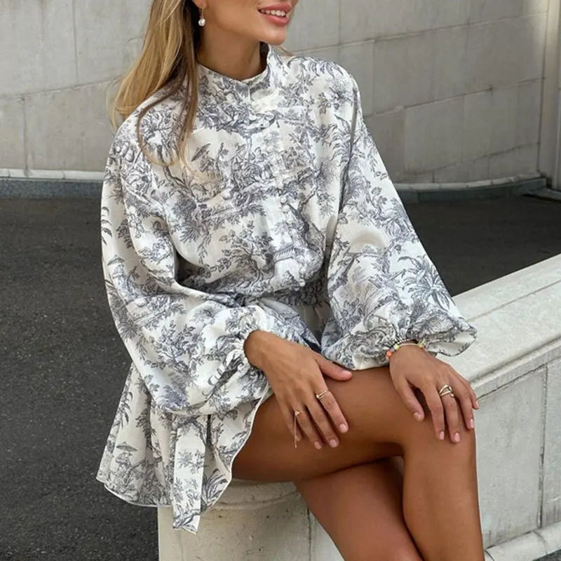 Nyla’s Retro Botanical Puff Sleeve Upright Collar Waist Lace-Up A-Line Mini Dress
