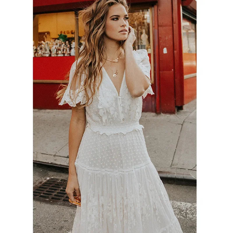 White Dotty Lace Mesh FLowy Maxi Dress
