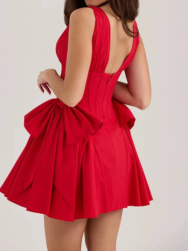 Bow V-Neck Sleeveless Mini Dress