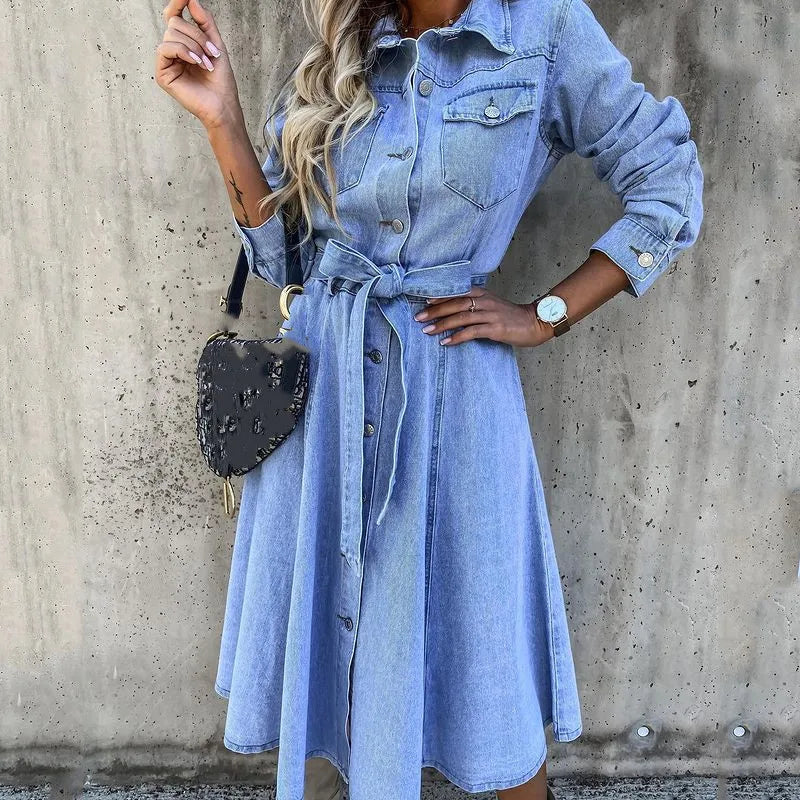 Full Size Tie Waist Button Front Denim Shirt Dress Plus Size