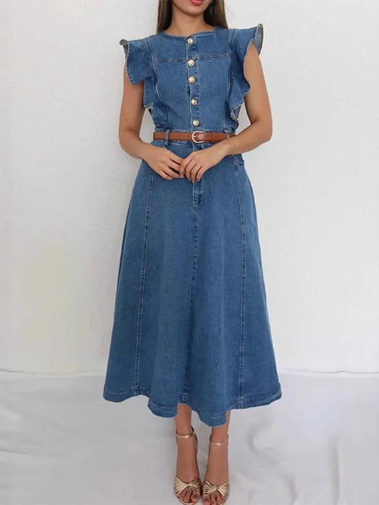 Button-Front Ruffle Sleeve Denim Midi Dress
