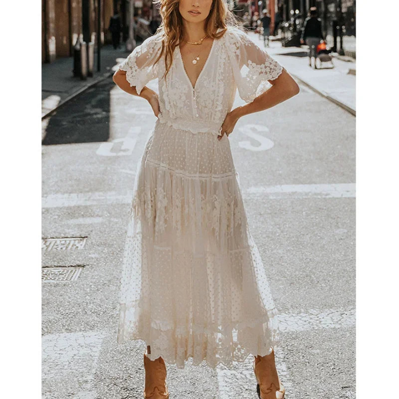 White Dotty Lace Mesh FLowy Maxi Dress