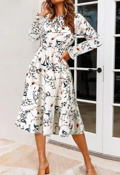 Ruffled Hem Floral Print Long Sleeve Dress