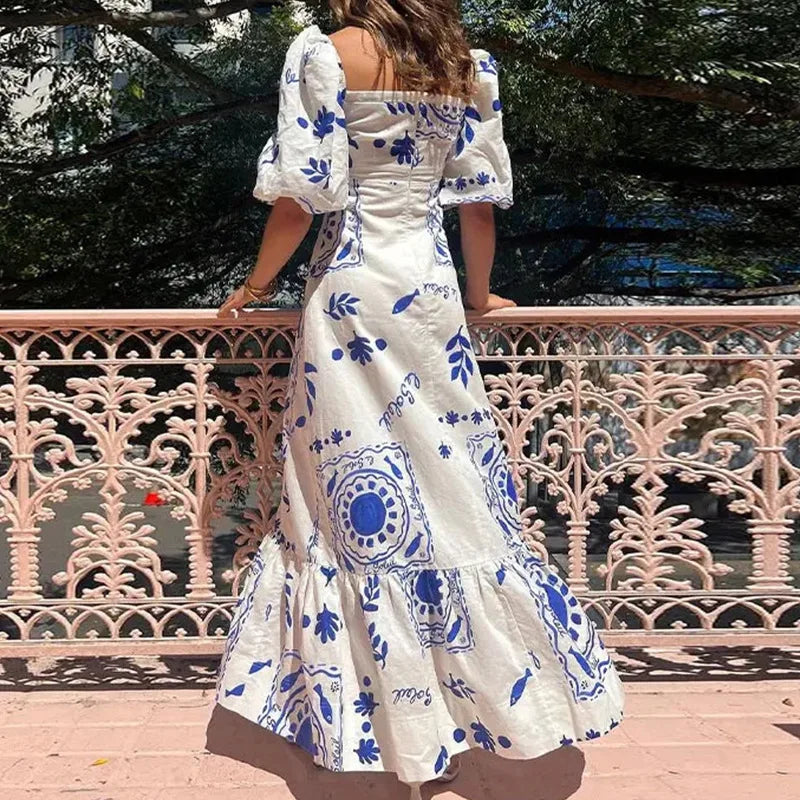 Floral Square Neck Puff Sleeve Maxi Dress with Ruffle Hem
