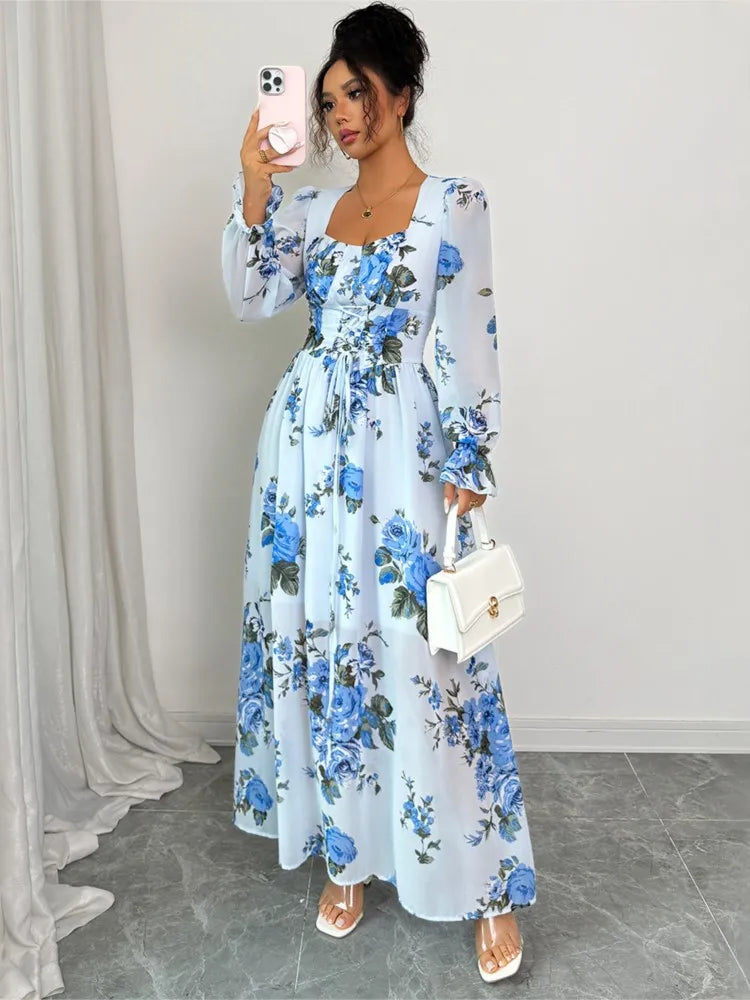 Elegant and simple printed ruffled long-sleeved dress