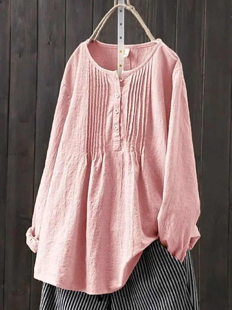 Cotton Linen Pleated Round Neck Long Sleeve Shirt