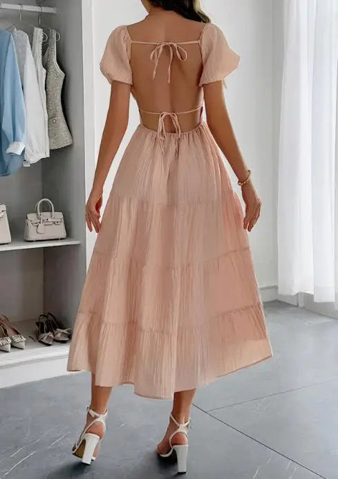 Backless Tiered Puff Sleeve Midi Dress