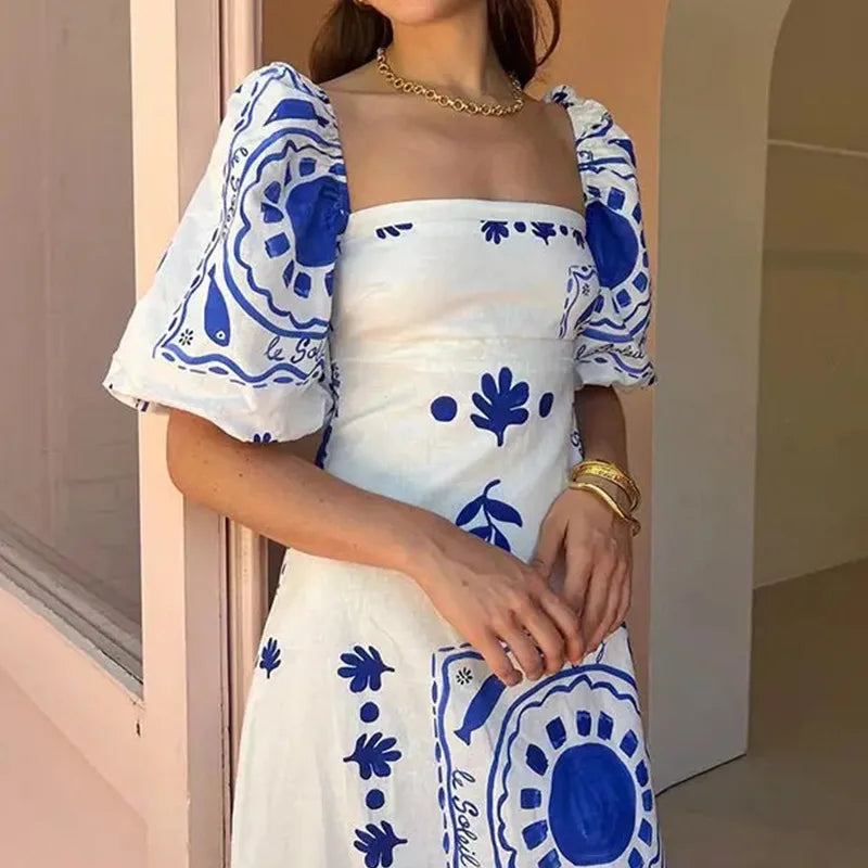 Floral Square Neck Puff Sleeve Maxi Dress with Ruffle Hem