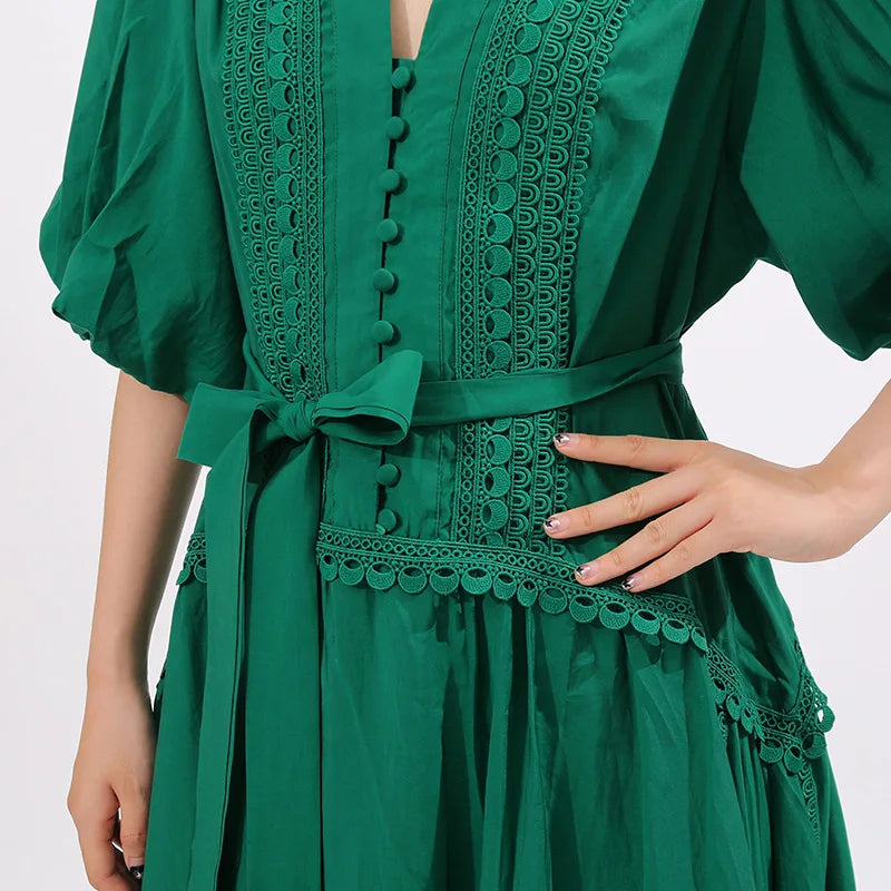 French ElegantLace Detail Notched Puff Sleeve Maxi Dress