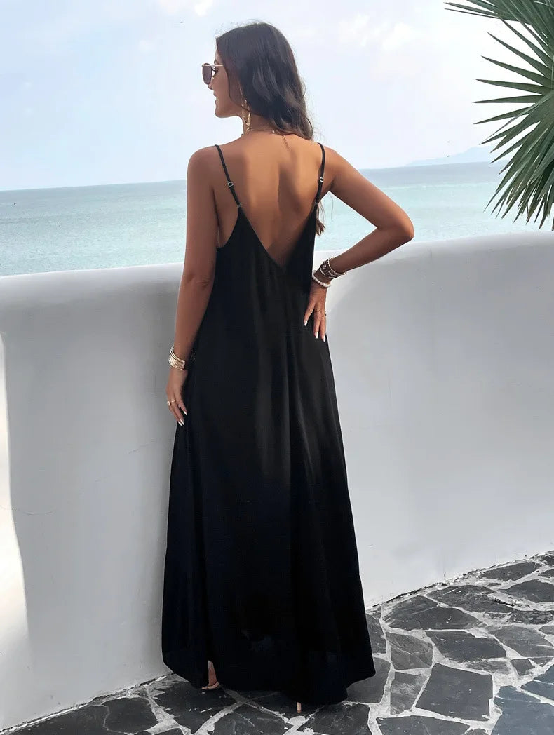 Elegant Solid Color Strep Maxi Dress