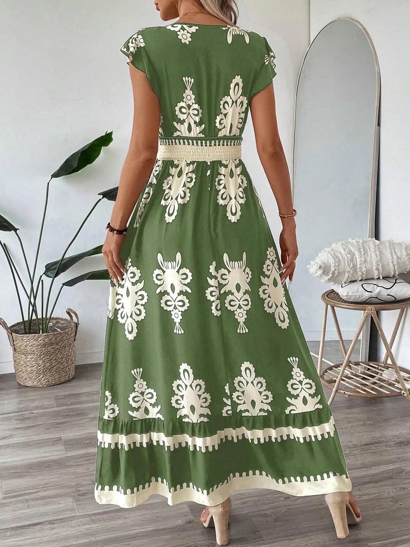 Printed V-Neck Ruffled Cap Sleeve Dress