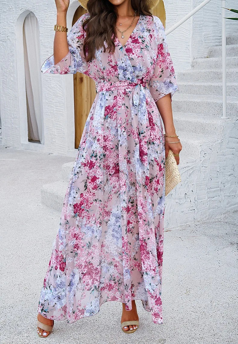 Holiday pink printed tie maxi dress