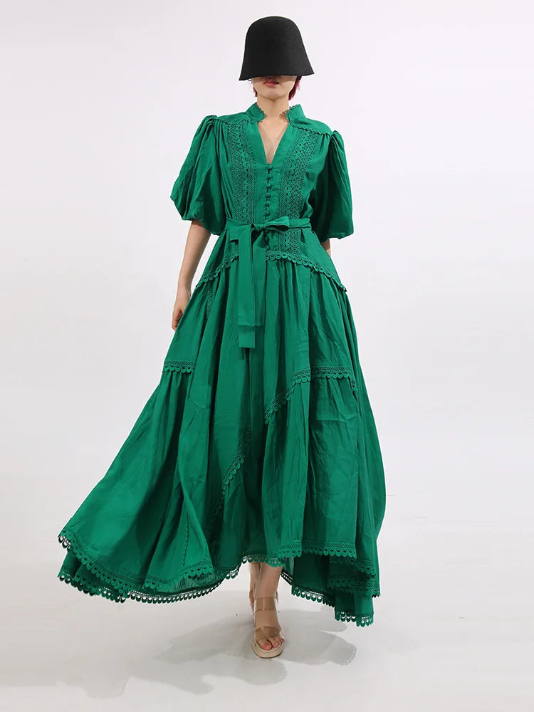 French ElegantLace Detail Notched Puff Sleeve Maxi Dress