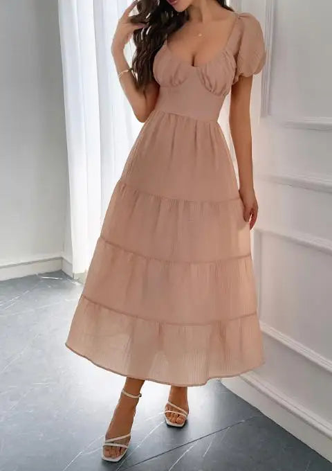 Backless Tiered Puff Sleeve Midi Dress