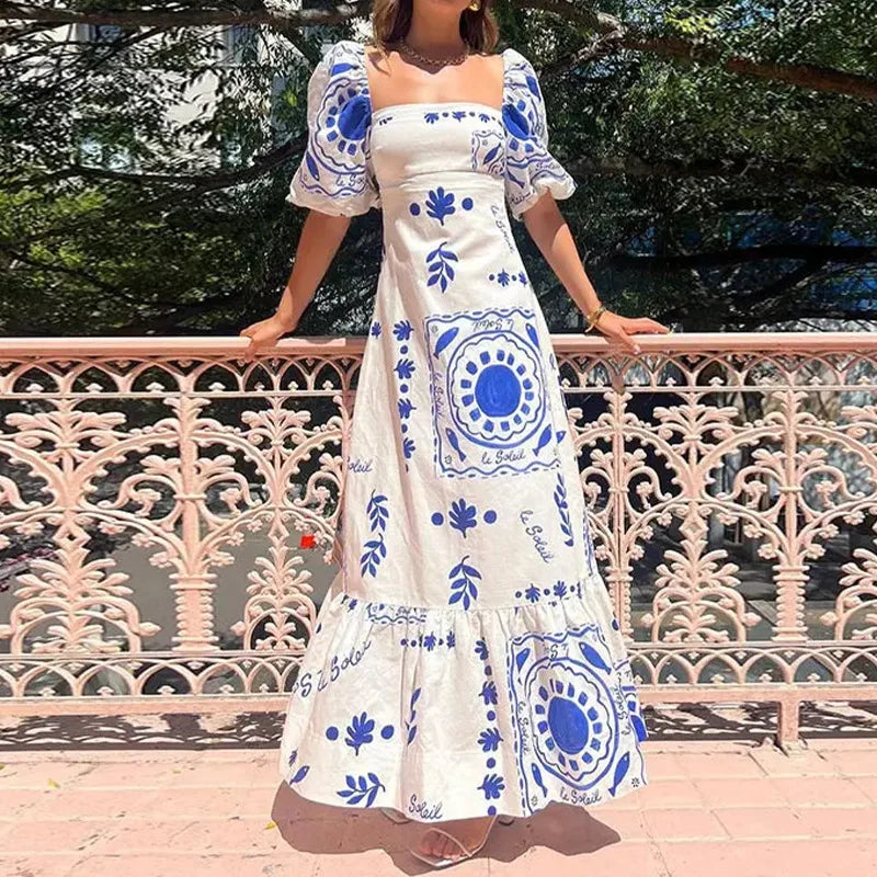 Floral Square Neck Puff Sleeve Maxi Dress with Ruffle Hem