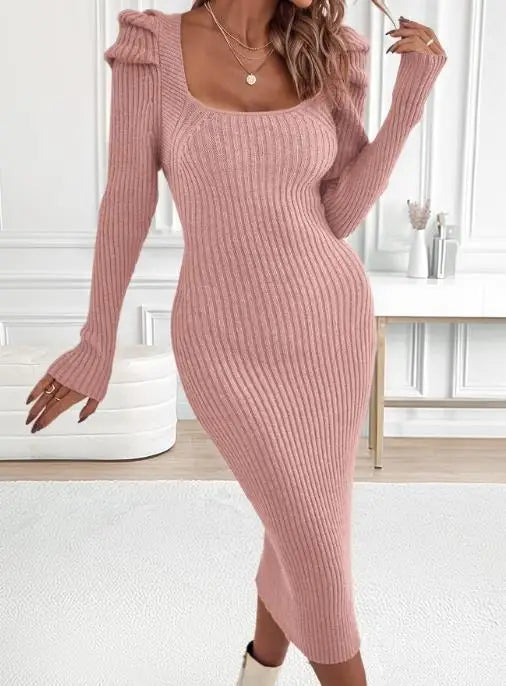 Ribbed Knit Square Neck Bodycon Sweater Dress