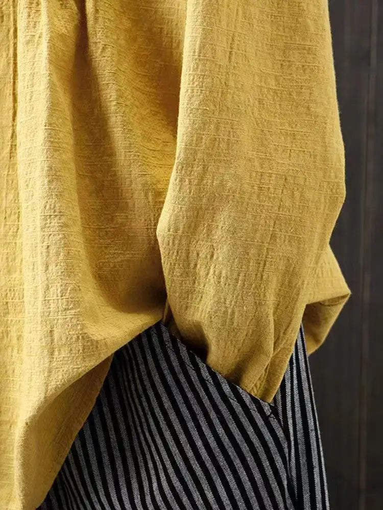 Cotton Linen Pleated Round Neck Long Sleeve Shirt
