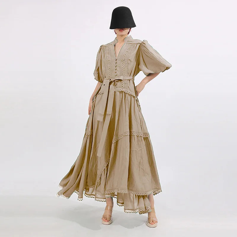 French ElegantLace Detail Notched Puff Sleeve Maxi Dress