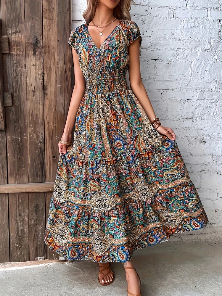 Printed V-Neck Cap Sleeve Dress