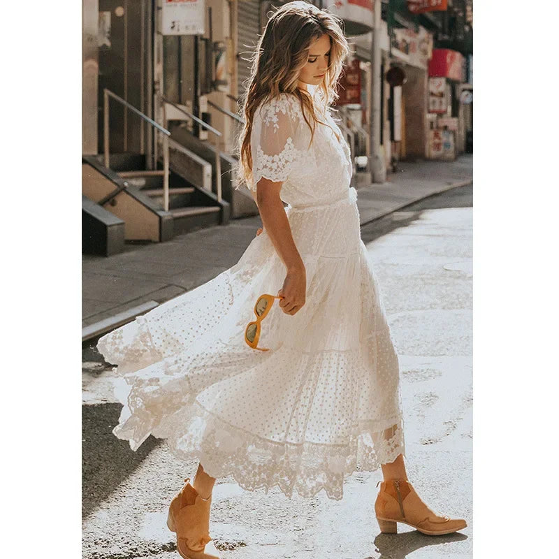 White Dotty Lace Mesh FLowy Maxi Dress