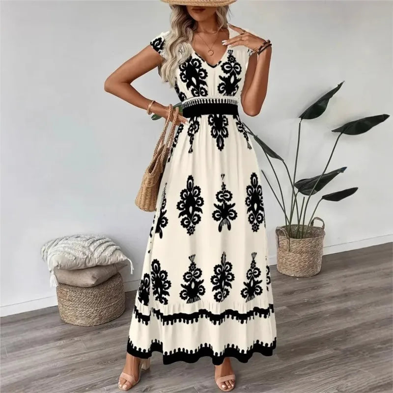 Printed V-Neck Ruffled Cap Sleeve Dress