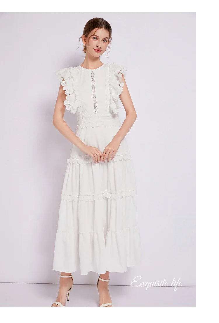 Sleeveless Ruffled Tiered Dress with Embroidered Trim