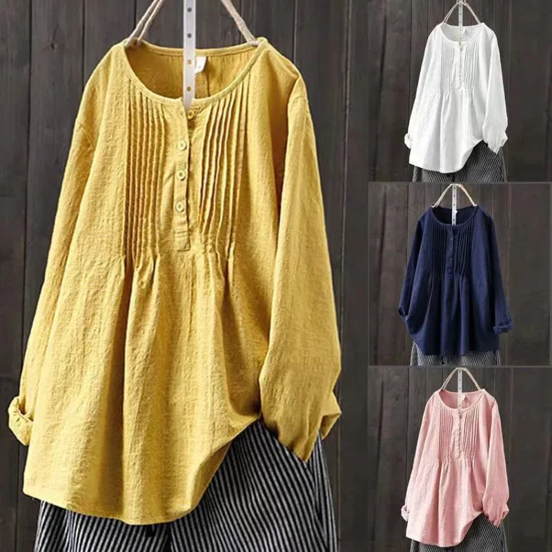 Cotton Linen Pleated Round Neck Long Sleeve Shirt