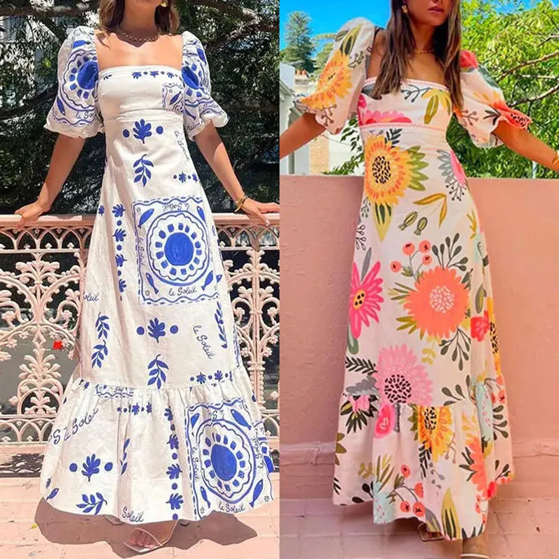 Floral Square Neck Puff Sleeve Maxi Dress with Ruffle Hem